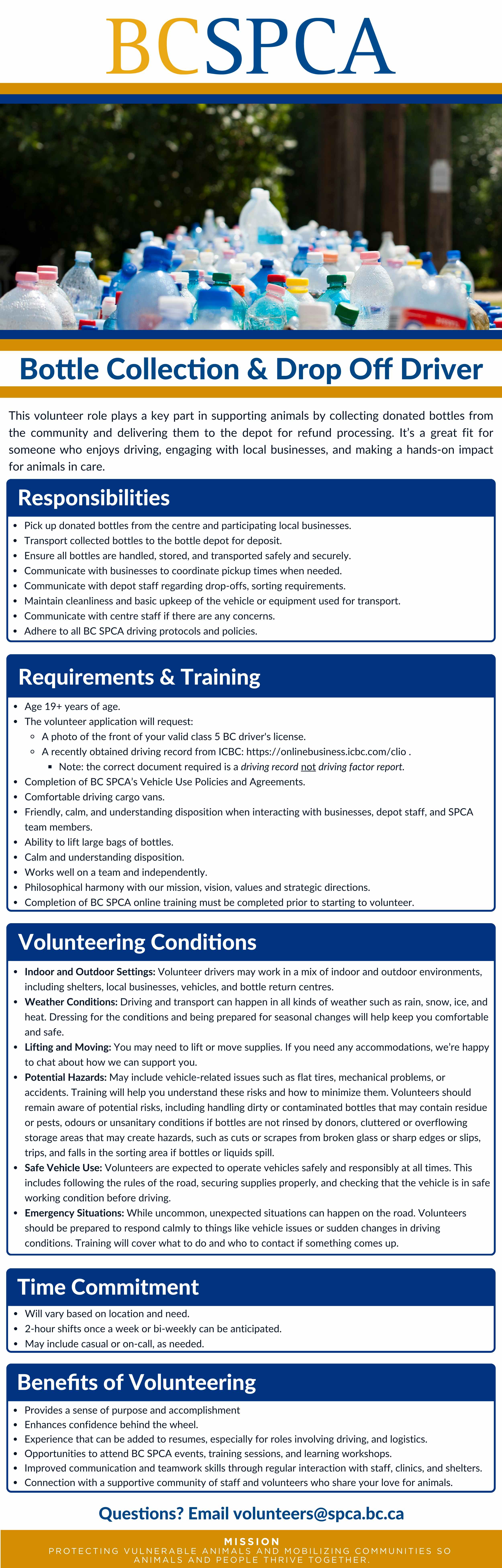 Bottle Collection & Drop Off Driver. volunteer role overview image. Text provided at end of page.